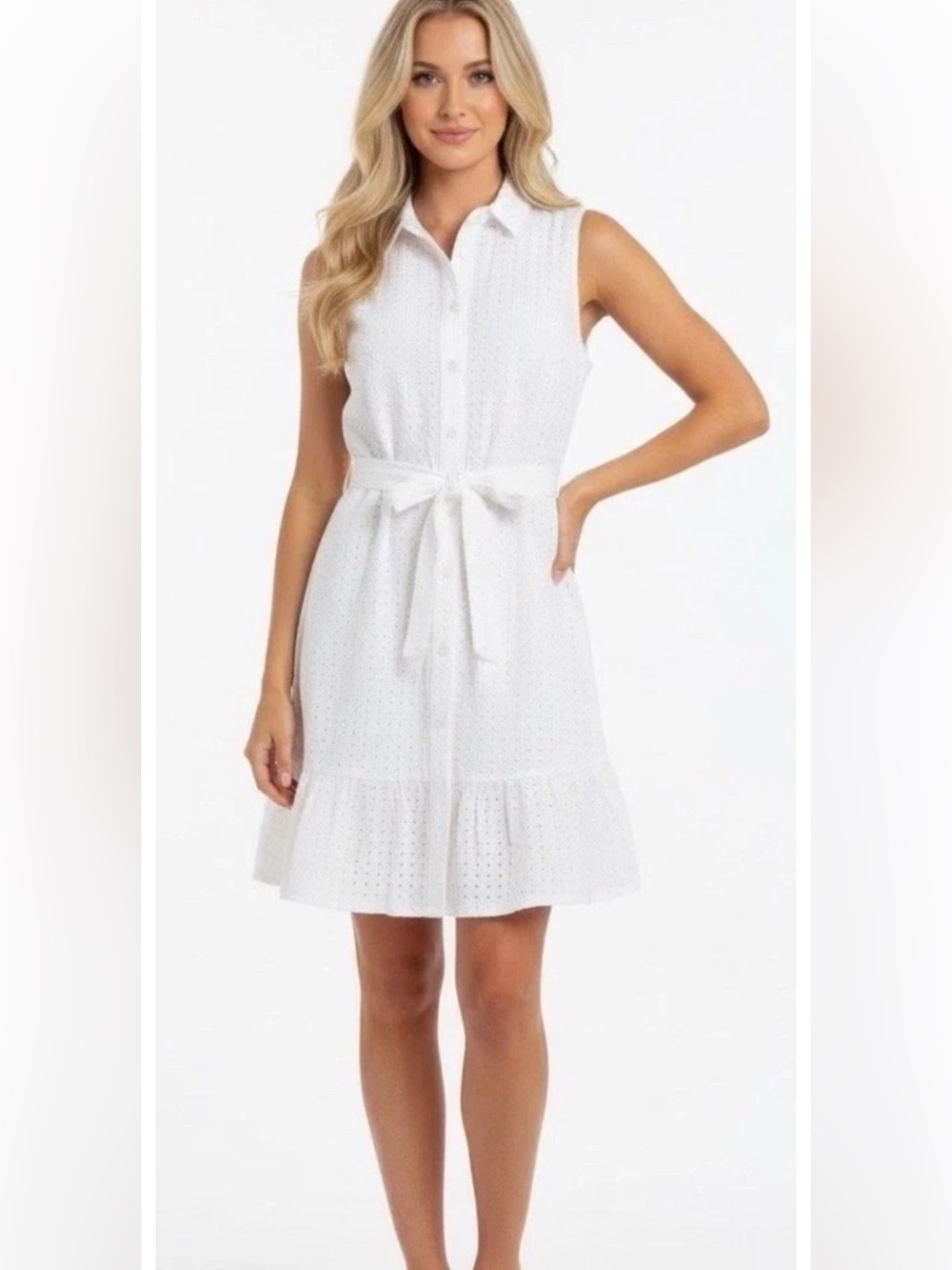 LANDS END Sz 12 P Sleeveless White Eyelet Shirt Dress-Tie Waist & pockets- NEW?